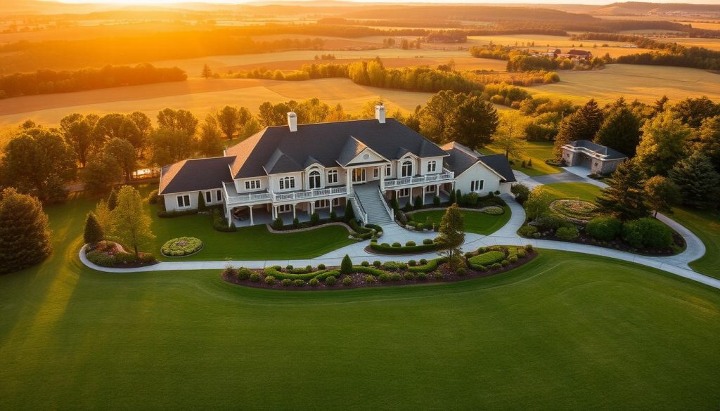 A spacious, expertly-crafted home nestled on a sprawling estate, bathed in the warm glow of golden-hour light. The property's lush gardens and picturesque scenery create a serene, idyllic atmosphere, hinting at the potential for a seamless transition of ownership without incurring capital gains tax through the Gift Hold-Over Relief program. The elegant architecture and well-manicured landscaping evoke a sense of timeless luxury, inviting the viewer to envision the property's future under new ownership, preserving its heritage and natural beauty.