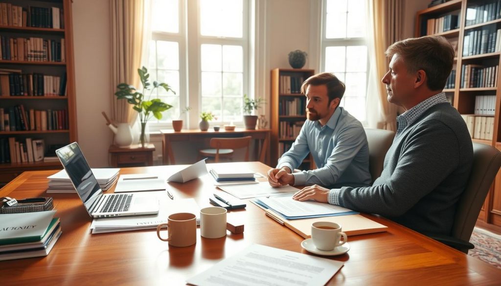 A spacious home office with a large wooden desk, a laptop, and a variety of legal documents and files. Warm, natural lighting filters through tall windows, casting a cozy glow. On the desk, a pen and a magnifying glass rest next to a cup of steaming coffee. Bookshelves line the walls, filled with volumes on estate planning and financial management. In the foreground, two people seated across the desk engage in a serious discussion, their expressions contemplative as they consider the nuances of power of attorney and executor roles. The atmosphere conveys the gravity and importance of the decision-making process. A spacious home office with a large wooden desk, a laptop, and a variety of legal documents and files. Warm, natural lighting filters through tall windows, casting a cozy glow. On the desk, a pen and a magnifying glass rest next to a cup of steaming coffee. Bookshelves line the walls, filled with volumes on estate planning and financial management. In the foreground, two people seated across the desk engage in a serious discussion, their expressions contemplative as they consider the nuances of power of attorney and executor roles. The atmosphere conveys the gravity and importance of the decision-making process.