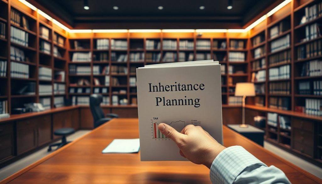 A spacious office interior with a large wooden desk, an ergonomic chair, and a floor-to-ceiling bookshelf filled with financial documents. Indirect lighting casts a warm, professional glow, highlighting a folder labeled "Inheritance Tax Planning" on the desk. A well-manicured hand reaches out to open the folder, revealing carefully organized pages and charts. The atmosphere exudes a sense of expertise, responsibility, and the weight of important financial decisions. A spacious office interior with a large wooden desk, an ergonomic chair, and a floor-to-ceiling bookshelf filled with financial documents. Indirect lighting casts a warm, professional glow, highlighting a folder labeled "Inheritance Tax Planning" on the desk. A well-manicured hand reaches out to open the folder, revealing carefully organized pages and charts. The atmosphere exudes a sense of expertise, responsibility, and the weight of important financial decisions.
