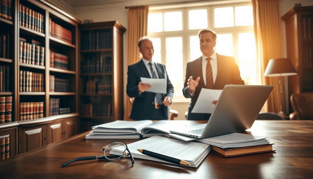 A spacious study with warm, natural lighting streaming in through large windows. In the foreground, a well-stocked bookshelf, its shelves adorned with leather-bound volumes on estate planning and financial management. Atop the wooden desk, a pair of reading glasses, a pen, and a stack of papers outlining inheritance tax strategies. In the middle ground, a smartly dressed financial advisor gestures towards a laptop screen, engaged in an in-depth discussion with a client. The background features a tasteful, minimalist decor, conveying a sense of professionalism and expertise. The overall atmosphere is one of thoughtful consideration, as the individuals collaborate to devise alternative solutions to navigate the complexities of inheritance tax planning.