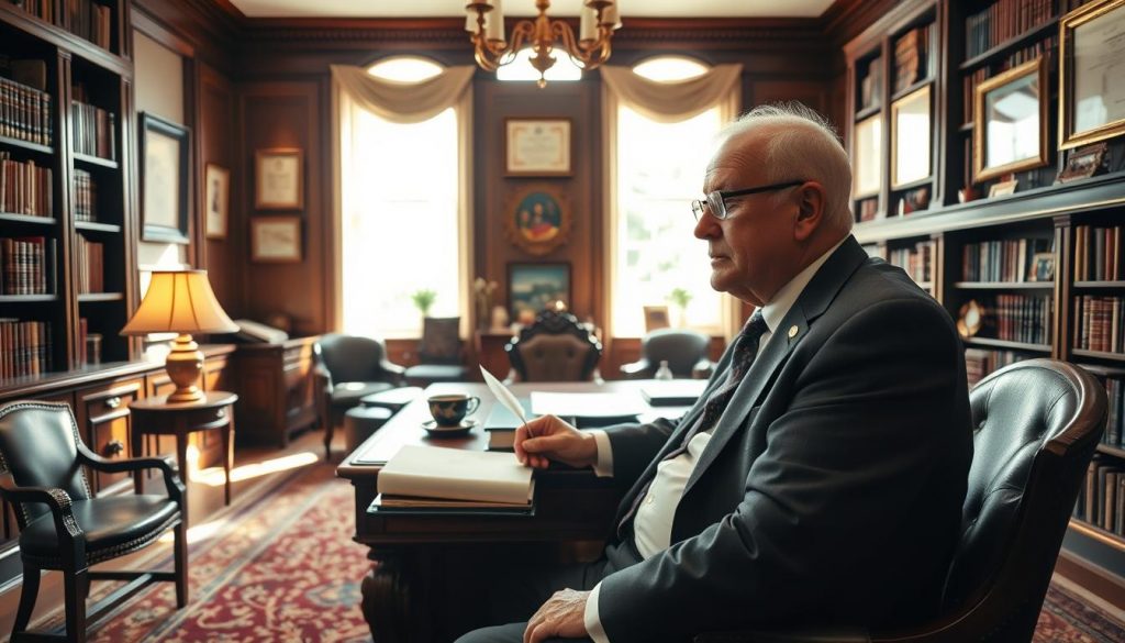 A spacious, sun-dappled study with elegant mahogany furniture and floor-to-ceiling bookshelves. At the center, a polished mahogany desk holds neatly organized documents, a quill pen, and a brass lamp casting a warm glow. Framed certificates and diplomas adorn the walls, hinting at the owner's expertise. In the foreground, an older gentleman in a tailored suit sits contemplatively, deep in thought about his legacy and inheritance planning. The scene conveys a sense of wisdom, foresight, and financial security.