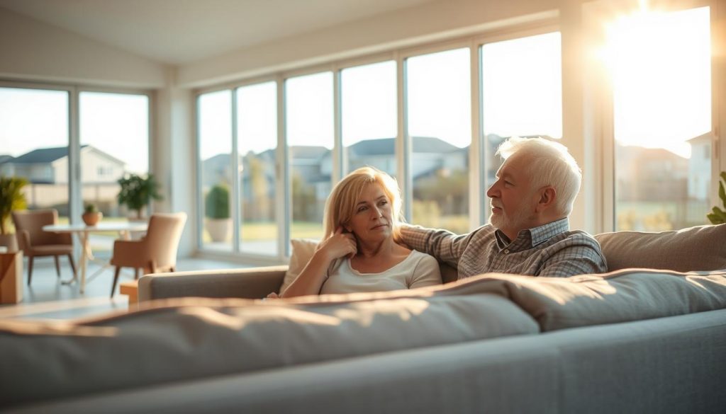 A spacious, sun-lit living room with a cozy, yet modern aesthetic. In the foreground, a middle-aged couple sits on a plush sofa, engaged in a thoughtful discussion, their expressions conveying both consideration and confidence. Behind them, a large window offers a panoramic view of a tranquil suburban neighborhood, hinting at the security and comfort of their home. The lighting is warm and inviting, casting a gentle glow across the scene. The overall atmosphere suggests a sense of financial stability and the ability to make informed decisions about one's home and retirement.