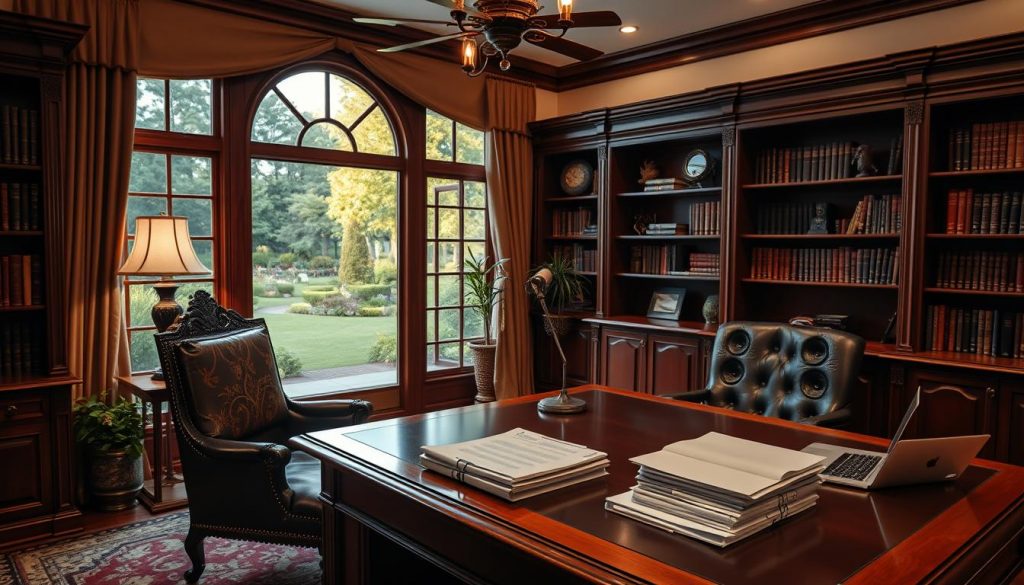 A spacious, well-appointed home office with an ornate wooden desk, leather armchair, and bookshelves lining the walls. Warm, ambient lighting casts a cozy glow, while a large window offers a picturesque view of a lush, manicured garden. On the desk, a stack of documents and a laptop symbolize the careful management of property affairs within a trust. The overall atmosphere conveys a sense of professionalism, security, and attention to detail - qualities essential for effective trust management. A spacious, well-appointed home office with an ornate wooden desk, leather armchair, and bookshelves lining the walls. Warm, ambient lighting casts a cozy glow, while a large window offers a picturesque view of a lush, manicured garden. On the desk, a stack of documents and a laptop symbolize the careful management of property affairs within a trust. The overall atmosphere conveys a sense of professionalism, security, and attention to detail - qualities essential for effective trust management.