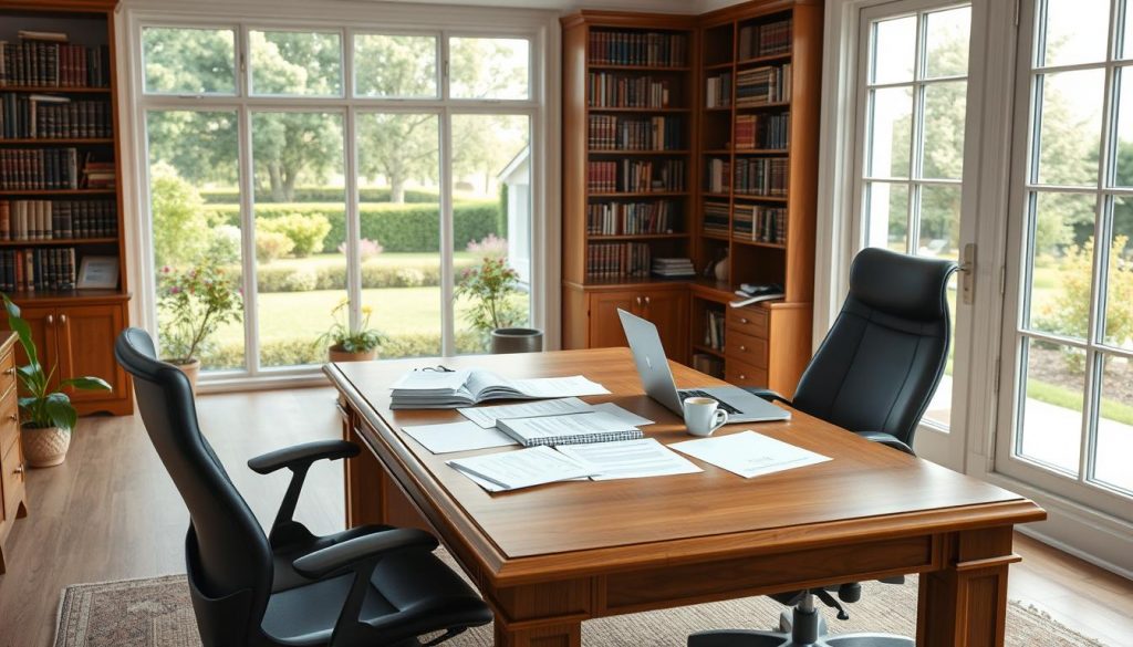 A spacious, well-lit home office, with a large oak desk and an ergonomic chair in the foreground. On the desk, there are various legal documents, a laptop, and a cup of coffee. In the middle ground, a floor-to-ceiling bookshelf filled with law books and reference materials. The background features a large window overlooking a picturesque garden, with soft, natural lighting filtering in. The overall mood is one of professionalism and expertise, conveying the seriousness and attention to detail required when considering the tax implications of transferring property to a trust. A spacious, well-lit home office, with a large oak desk and an ergonomic chair in the foreground. On the desk, there are various legal documents, a laptop, and a cup of coffee. In the middle ground, a floor-to-ceiling bookshelf filled with law books and reference materials. The background features a large window overlooking a picturesque garden, with soft, natural lighting filtering in. The overall mood is one of professionalism and expertise, conveying the seriousness and attention to detail required when considering the tax implications of transferring property to a trust.