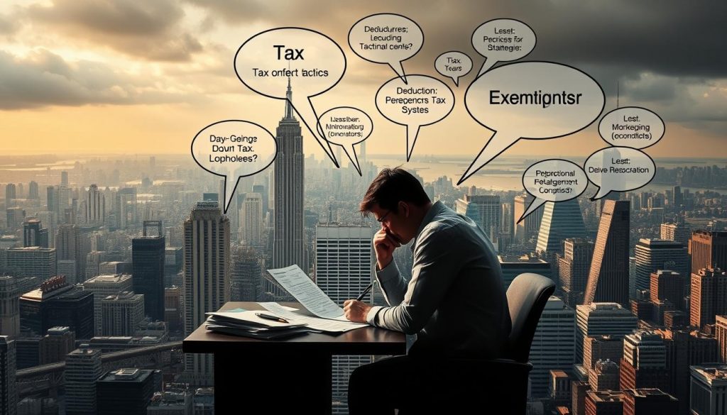 A sprawling cityscape in the background, with skyscrapers and infrastructure representing the complexity of the tax system. In the foreground, a figure sits at a desk, contemplating financial documents and strategies, surrounded by a haze of thought bubbles depicting various tax mitigation tactics - deductions, exemptions, loopholes. The lighting is moody, with a mix of warm and cool tones, conveying the weight and gravity of the subject matter. The composition is balanced, with a sense of focus and depth, guiding the viewer's eye towards the central figure and the intricacies of their deliberations. A sprawling cityscape in the background, with skyscrapers and infrastructure representing the complexity of the tax system. In the foreground, a figure sits at a desk, contemplating financial documents and strategies, surrounded by a haze of thought bubbles depicting various tax mitigation tactics - deductions, exemptions, loopholes. The lighting is moody, with a mix of warm and cool tones, conveying the weight and gravity of the subject matter. The composition is balanced, with a sense of focus and depth, guiding the viewer's eye towards the central figure and the intricacies of their deliberations.