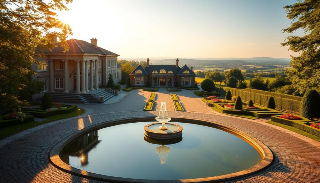 A sprawling, elegant manor house set amidst a lush, verdant estate. The grand entrance is flanked by towering columns, casting long shadows across the pristine, cobblestone driveway. In the foreground, a serene water feature reflects the warm, golden light of the afternoon sun, creating a tranquil ambiance. The middle ground features meticulously manicured gardens, with vibrant flowers and well-trimmed hedges lining the perfectly paved walkways. The background reveals a picturesque countryside, rolling hills, and a distant horizon bathed in a soft, hazy glow. This image conveys the secure, lasting benefits of thoughtful estate planning, with a sense of grandeur, permanence, and peaceful prosperity.