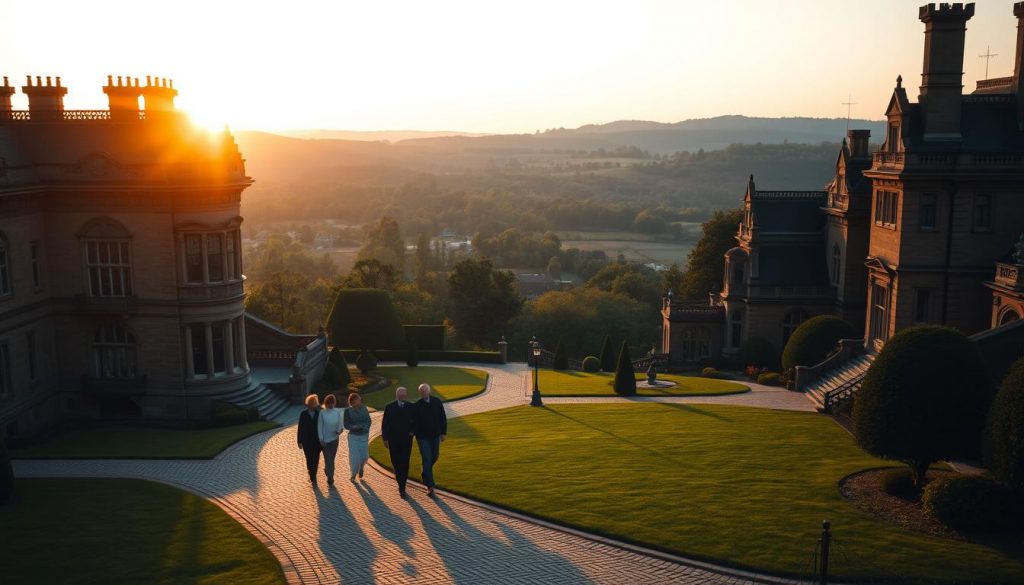 A sprawling estate at dusk, illuminated by the warm glow of the setting sun. In the foreground, a grand manor house stands tall, its intricate architecture and ornate details casting long shadows across the well-manicured gardens. In the middle ground, a family gathers, solemnly discussing the details of their inheritance as they stroll along the cobblestone path. In the background, rolling hills and lush, verdant forests stretch out, creating a sense of tranquility and timelessness. The scene is bathed in a soft, golden light, conveying a mood of solemn contemplation and the weight of generational wealth and legacy. A sprawling estate at dusk, illuminated by the warm glow of the setting sun. In the foreground, a grand manor house stands tall, its intricate architecture and ornate details casting long shadows across the well-manicured gardens. In the middle ground, a family gathers, solemnly discussing the details of their inheritance as they stroll along the cobblestone path. In the background, rolling hills and lush, verdant forests stretch out, creating a sense of tranquility and timelessness. The scene is bathed in a soft, golden light, conveying a mood of solemn contemplation and the weight of generational wealth and legacy.