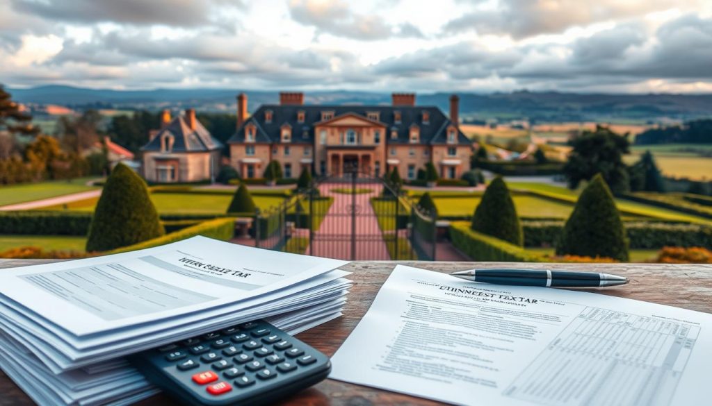 A sprawling estate, its grand facade illuminated by soft, golden light filtering through clouds. In the foreground, a stack of official-looking documents, a calculator, and a pen - symbols of the meticulous process of estate valuation. The middle ground reveals a well-manicured lawn, trimmed hedges, and a wrought-iron gate, hinting at the wealth and prestige of the property. The background features a horizon of rolling hills, suggesting the vast expanse of the estate's holdings. The overall scene conveys a sense of dignified tradition, careful assessment, and the gravity of the inheritance tax calculation. A sprawling estate, its grand facade illuminated by soft, golden light filtering through clouds. In the foreground, a stack of official-looking documents, a calculator, and a pen - symbols of the meticulous process of estate valuation. The middle ground reveals a well-manicured lawn, trimmed hedges, and a wrought-iron gate, hinting at the wealth and prestige of the property. The background features a horizon of rolling hills, suggesting the vast expanse of the estate's holdings. The overall scene conveys a sense of dignified tradition, careful assessment, and the gravity of the inheritance tax calculation.