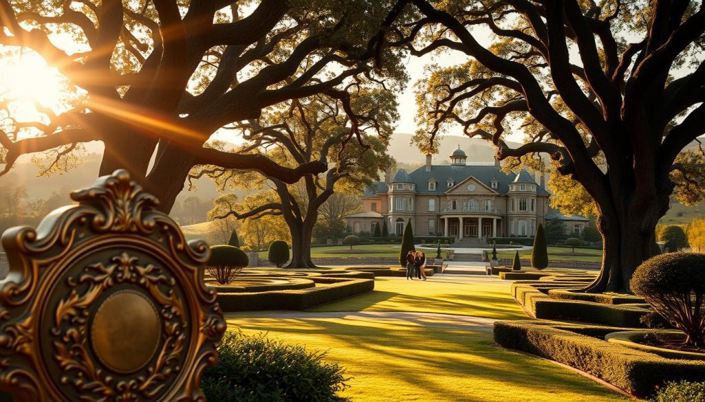 A sprawling, grand estate surrounded by meticulously manicured gardens and towering oak trees. In the foreground, an ornate brass plaque gleams in the soft, golden light, hinting at the wealth and legacy within. The middle ground features a family gathered under the shade of the oak trees, their expressions pensive as they contemplate the future. In the background, a rolling hillside dotted with opulent, historic mansions, representing the enduring tradition of inherited wealth. The scene is bathed in a warm, nostalgic glow, suggesting the timeless nature of inheritance and the weight of decisions that will shape its future. A sprawling, grand estate surrounded by meticulously manicured gardens and towering oak trees. In the foreground, an ornate brass plaque gleams in the soft, golden light, hinting at the wealth and legacy within. The middle ground features a family gathered under the shade of the oak trees, their expressions pensive as they contemplate the future. In the background, a rolling hillside dotted with opulent, historic mansions, representing the enduring tradition of inherited wealth. The scene is bathed in a warm, nostalgic glow, suggesting the timeless nature of inheritance and the weight of decisions that will shape its future.