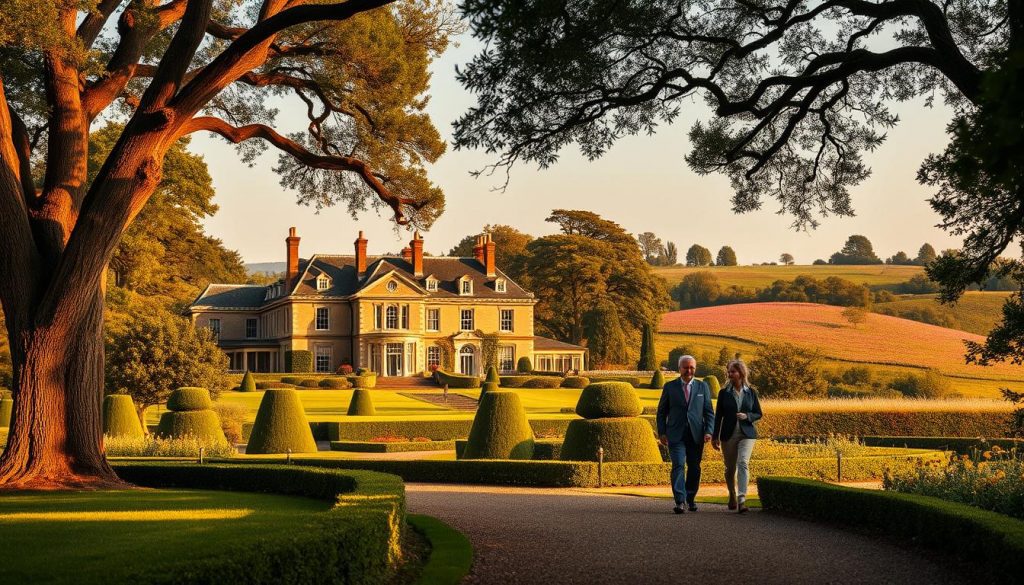 A sprawling manor house nestled amidst lush, manicured gardens, its stately facade bathed in warm, golden light. In the foreground, a well-dressed couple strolls along a gravel path, engaged in thoughtful discussion, surrounded by towering oak trees and carefully pruned hedgerows. In the distance, a rolling hillside dotted with wildflowers provides a picturesque backdrop, evoking a sense of tranquility and contemplation. The scene conveys an atmosphere of refined elegance and the careful consideration of long-term financial planning, with the grand estate symbolizing the legacy of wealth and charitable giving.