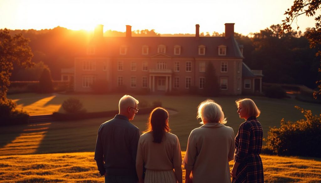 A sprawling manor house set against a verdant landscape, its stately façade casting long shadows as the sun dips below the horizon. In the foreground, a family gathers solemnly, discussing the intricacies of estate tax planning, their expressions somber yet determined. The scene is bathed in a warm, golden light, creating a sense of weighted gravity and historical significance. The composition is balanced, with the manor house and family forming a harmonious whole, reflecting the complex interplay between legacy, wealth, and the responsibilities of inheritance. A sprawling manor house set against a verdant landscape, its stately façade casting long shadows as the sun dips below the horizon. In the foreground, a family gathers solemnly, discussing the intricacies of estate tax planning, their expressions somber yet determined. The scene is bathed in a warm, golden light, creating a sense of weighted gravity and historical significance. The composition is balanced, with the manor house and family forming a harmonious whole, reflecting the complex interplay between legacy, wealth, and the responsibilities of inheritance.