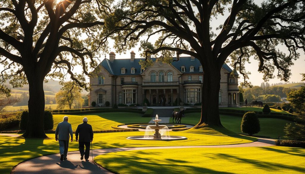 A sprawling, stately manor house nestled amidst rolling hills and lush, verdant gardens. In the foreground, a dignified elderly couple strolls along a winding path, deep in conversation. Sunlight filters through the branches of towering oak trees, casting a warm, ambient glow over the scene. The architectural details of the manor exude a timeless, regal elegance, with intricate stone carvings and large, arched windows. In the middle ground, a fountain bubbles softly, while in the distance, a horse-drawn carriage approaches the grand entrance. An atmosphere of refined sophistication and thoughtful contemplation pervades the tranquil estate. A sprawling, stately manor house nestled amidst rolling hills and lush, verdant gardens. In the foreground, a dignified elderly couple strolls along a winding path, deep in conversation. Sunlight filters through the branches of towering oak trees, casting a warm, ambient glow over the scene. The architectural details of the manor exude a timeless, regal elegance, with intricate stone carvings and large, arched windows. In the middle ground, a fountain bubbles softly, while in the distance, a horse-drawn carriage approaches the grand entrance. An atmosphere of refined sophistication and thoughtful contemplation pervades the tranquil estate.