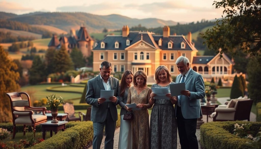 A sprawling, stately manor nestled amidst lush, rolling hills, its grand façade bathed in warm, golden light. In the foreground, a family stands together, expressions serious yet hopeful, as they review important documents - the cornerstone of their financial future. Elegant furnishings and heirlooms adorn the interior, conveying a sense of generational legacy. Outside, a manicured garden frames the scene, suggesting the care and planning required to secure one's estate. Soft, diffused lighting lends an air of tranquility, underscoring the significance of this family's estate planning journey. A sprawling, stately manor nestled amidst lush, rolling hills, its grand façade bathed in warm, golden light. In the foreground, a family stands together, expressions serious yet hopeful, as they review important documents - the cornerstone of their financial future. Elegant furnishings and heirlooms adorn the interior, conveying a sense of generational legacy. Outside, a manicured garden frames the scene, suggesting the care and planning required to secure one's estate. Soft, diffused lighting lends an air of tranquility, underscoring the significance of this family's estate planning journey.