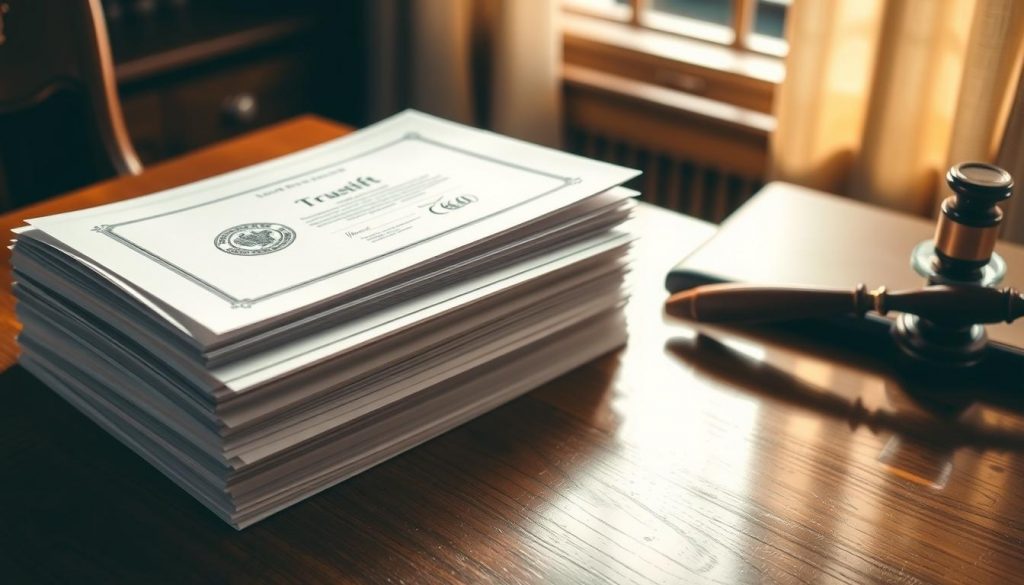 A stack of crisp, official-looking documents arranged neatly on a polished wooden desk, illuminated by warm, natural light filtering through a nearby window. The documents bear prominent seals, stamps, and signatures, signifying their legal authority and authenticity. The scene conveys a sense of trust, formality, and the importance of meticulously prepared paperwork in the process of establishing a trust. The overall composition and attention to detail suggest the gravity and significance of the "Necessary Legal Documentation" required for this legal process. A stack of crisp, official-looking documents arranged neatly on a polished wooden desk, illuminated by warm, natural light filtering through a nearby window. The documents bear prominent seals, stamps, and signatures, signifying their legal authority and authenticity. The scene conveys a sense of trust, formality, and the importance of meticulously prepared paperwork in the process of establishing a trust. The overall composition and attention to detail suggest the gravity and significance of the "Necessary Legal Documentation" required for this legal process.