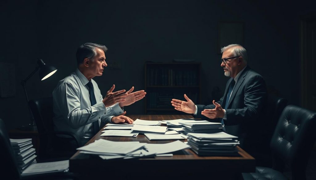 A stark legal office interior, dimly lit by a solitary desk lamp. Two figures, a lawyer and a client, engaged in an impassioned discussion, brows furrowed, hands gesturing emphatically. Stacks of documents litter the desk, hinting at the complex legal battles unfolding. The air is thick with tension, underscoring the high-stakes nature of a power of attorney dispute. Cool, neutral tones dominate the scene, lending a sense of gravity and formality to the proceedings. The composition is balanced, with the figures occupying the foreground, the desk and documents in the middle ground, and the shadowy office setting forming the background. The overall mood is one of serious contemplation, as the participants grapple with the weighty implications of their decisions.