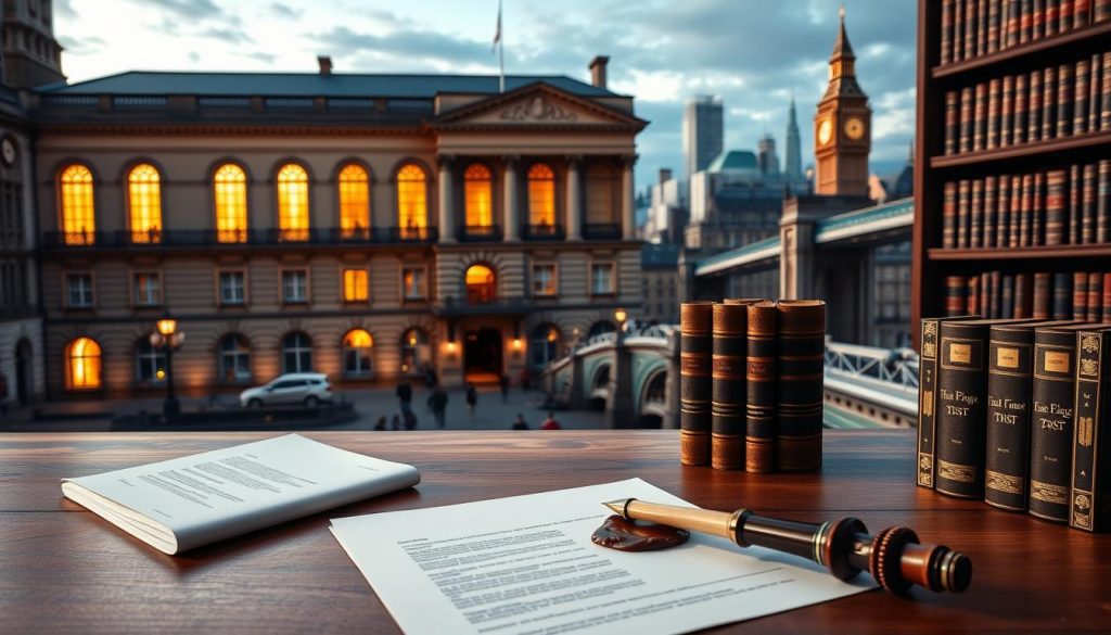 A stately British courthouse stands tall, its grand facade illuminated by warm, golden light filtering through arched windows. In the foreground, a wooden desk is neatly arranged with legal documents, a quill pen, and a wax seal, symbolizing the formal processes of establishing a trust. The middle ground features a bookshelf filled with leather-bound tomes, representing the depth of legal knowledge required. In the background, a stunning panoramic view of the City of London skyline, with iconic landmarks like the Big Ben and the Tower Bridge, evokes a sense of tradition and stability. The overall scene conveys the gravitas and authority associated with the legal requirements for creating a trust in the United Kingdom. A stately British courthouse stands tall, its grand facade illuminated by warm, golden light filtering through arched windows. In the foreground, a wooden desk is neatly arranged with legal documents, a quill pen, and a wax seal, symbolizing the formal processes of establishing a trust. The middle ground features a bookshelf filled with leather-bound tomes, representing the depth of legal knowledge required. In the background, a stunning panoramic view of the City of London skyline, with iconic landmarks like the Big Ben and the Tower Bridge, evokes a sense of tradition and stability. The overall scene conveys the gravitas and authority associated with the legal requirements for creating a trust in the United Kingdom.