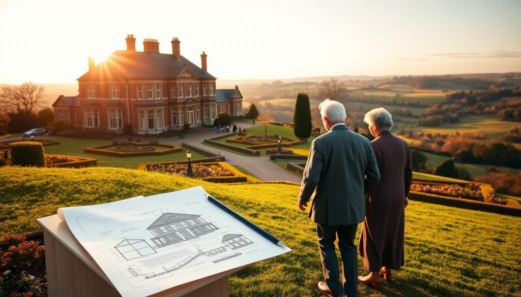 A stately Georgian manor amid rolling hills, its façade reflecting the warm glow of the setting sun. In the foreground, an elderly couple strolls hand-in-hand through a meticulously landscaped garden, discussing the intricacies of inheritance tax planning. The middle ground features a detailed architectural sketch, notes, and legal documents, hinting at the complex financial considerations. The background showcases a panoramic view of the countryside, conveying a sense of tranquility and longevity. The lighting is soft and golden, creating an atmosphere of thoughtful contemplation. Captured with a wide-angle lens to emphasize the grand scale of the scene.