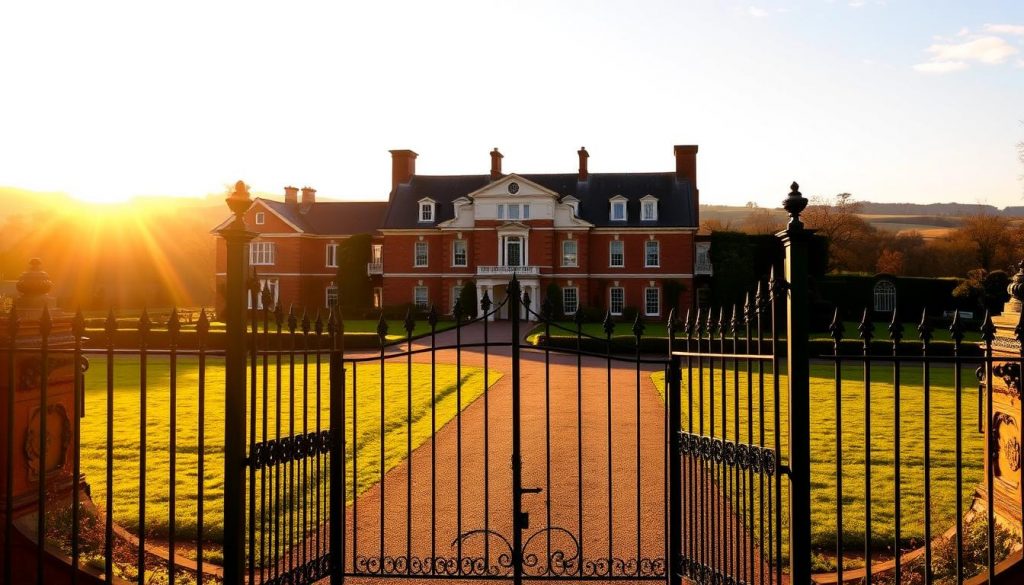 A stately Georgian manor house nestled in a sprawling English countryside, bathed in warm, golden afternoon sunlight. The grand, symmetrical facade is adorned with elegant architectural details, its red brick and white stone gleaming. Manicured lawns and hedgerows surround the residence, creating a sense of tranquility and privacy. In the foreground, a wrought-iron gate stands open, inviting the viewer to enter this serene, picturesque estate. The image conveys a sense of wealth, tradition, and the quintessential British country house aesthetic, befitting the subject of the Residence Nil Rate Band.