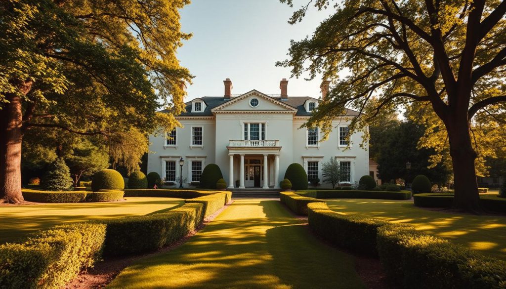 A stately Georgian manor nestled amid lush gardens, its elegant facade bathed in warm, golden light. Manicured hedgerows lead the eye towards the grand entrance, framed by ornate columns and a covered porch. The property's grounds are expansive, dotted with mature trees casting soft, dappled shadows across the well-tended lawns. The scene conveys a sense of timeless grandeur, evoking the affluence and comfort associated with high-value real estate. Photographed from a low angle, the image emphasizes the impressive scale and architectural details of the residence, capturing its essence as a symbol of wealth and privilege.