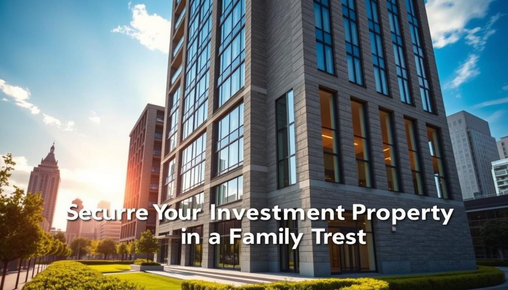 A stately, imposing office building made of stone and glass, standing tall against a backdrop of a vibrant cityscape. The structure exudes an air of authority and stability, reflecting the solidity of a well-managed property investment trust. Sunlight streams through the expansive windows, casting a warm glow over the modern, sleek interior. Carefully manicured landscaping surrounds the building, adding a touch of elegance and refinement. The scene conveys a sense of security, professionalism, and long-term financial viability, capturing the essence of the "Secure Your Investment Property in a Family Trust" subject matter.