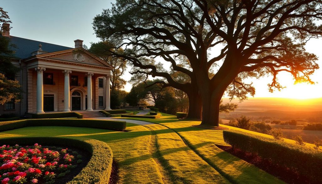 A stately manor house, its grand facade adorned with columns and intricate stonework, stands amidst a lush, manicured estate. The foreground features a well-tended garden, with neatly trimmed hedges and vibrant flowers in bloom. In the middle ground, a winding path leads toward the house, flanked by towering oak trees casting soft, dappled shadows. The background is a panoramic vista of rolling hills and a distant horizon, bathed in the warm glow of a golden hour sunset. The scene conveys a sense of wealth, legacy, and the careful stewardship required for estate tax planning. A stately manor house, its grand facade adorned with columns and intricate stonework, stands amidst a lush, manicured estate. The foreground features a well-tended garden, with neatly trimmed hedges and vibrant flowers in bloom. In the middle ground, a winding path leads toward the house, flanked by towering oak trees casting soft, dappled shadows. The background is a panoramic vista of rolling hills and a distant horizon, bathed in the warm glow of a golden hour sunset. The scene conveys a sense of wealth, legacy, and the careful stewardship required for estate tax planning.