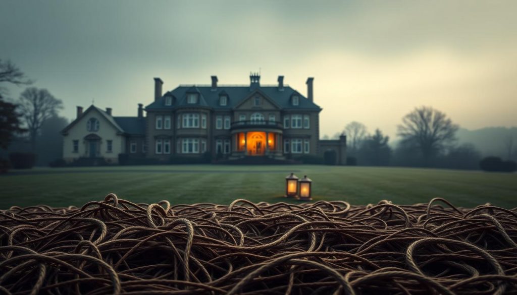 A stately manor house, its grand facade shrouded in shadows, stands as a symbol of common misconceptions about estate planning. In the foreground, a maze of tangled threads and knots represents the complex web of legal and financial considerations that often deter individuals from taking the necessary steps to secure their family's future. The middle ground features a contrasting image of a serene, well-organized study, illuminated by soft, warm lighting, hinting at the clarity and peace of mind that can come from proper estate planning. The background fades into a muted, hazy landscape, suggesting the uncertainties and challenges that can arise without a comprehensive plan in place. This image aims to capture the dichotomy between the perceived complexity and the potential for order and security that estate planning can provide.