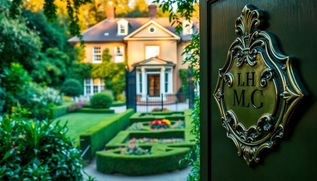 A stately manor house nestled amid lush greenery, its elegant facade bathed in warm, golden light. In the foreground, an ornate brass plaque adorns the entrance, its polished surface reflecting the surrounding flora. The middle ground reveals a meticulously manicured garden, with carefully pruned hedges and vibrant flower beds. In the distance, a wrought-iron gate stands as a symbolic barrier, hinting at the importance of the property's ownership and its associated inheritance considerations. The overall atmosphere conveys a sense of wealth, tradition, and the significance of estate planning for the preservation of generational wealth. A stately manor house nestled amid lush greenery, its elegant facade bathed in warm, golden light. In the foreground, an ornate brass plaque adorns the entrance, its polished surface reflecting the surrounding flora. The middle ground reveals a meticulously manicured garden, with carefully pruned hedges and vibrant flower beds. In the distance, a wrought-iron gate stands as a symbolic barrier, hinting at the importance of the property's ownership and its associated inheritance considerations. The overall atmosphere conveys a sense of wealth, tradition, and the significance of estate planning for the preservation of generational wealth.