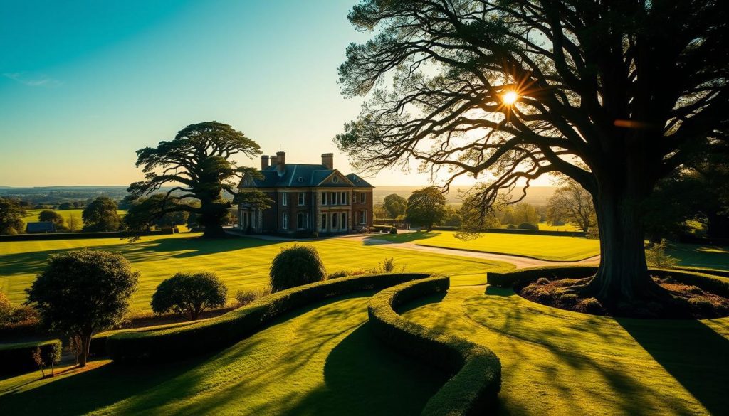 A stately manor house nestled in a lush, verdant landscape, its elegant Georgian architecture bathed in warm, golden sunlight. In the foreground, a meticulously manicured garden with neatly trimmed hedges and a winding path, leading the eye towards the grand entrance. In the middle ground, a sweeping lawn dotted with towering oak trees, their branches casting intricate shadows across the scene. In the background, a distant horizon of rolling hills and a cloudless azure sky, conveying a sense of tranquility and timeless grandeur. The overall atmosphere is one of wealth, tradition, and the passing of generations, reflecting the intergenerational transfer of the residence nil rate band.