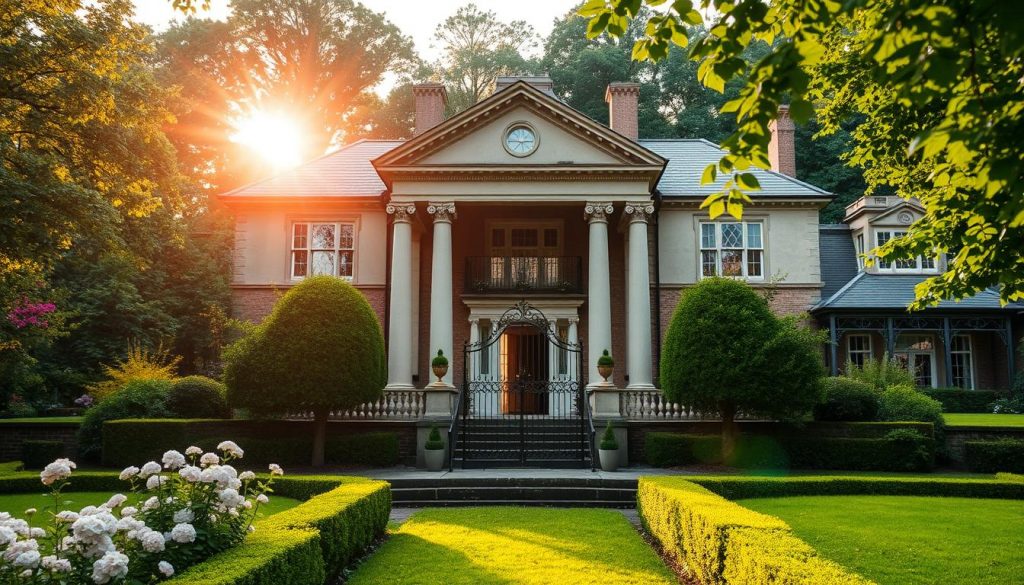 A stately manor house set against a backdrop of lush greenery, the sun's warm rays filtering through tall windows and casting a mellow glow. The front entrance is framed by ornate columns and a wrought-iron gate, hinting at the property's grandeur. In the foreground, a well-maintained garden with meticulously trimmed hedges and blooming flowers creates a sense of tranquility. The overall scene conveys a sense of legacy, wealth, and the importance of this residence as a significant asset to be carefully considered in inheritance tax planning. A stately manor house set against a backdrop of lush greenery, the sun's warm rays filtering through tall windows and casting a mellow glow. The front entrance is framed by ornate columns and a wrought-iron gate, hinting at the property's grandeur. In the foreground, a well-maintained garden with meticulously trimmed hedges and blooming flowers creates a sense of tranquility. The overall scene conveys a sense of legacy, wealth, and the importance of this residence as a significant asset to be carefully considered in inheritance tax planning.