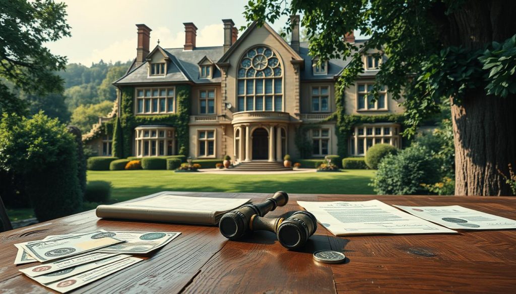 A stately manor house set against a lush, verdant landscape, sunlight filtering through the ornate stained-glass windows. In the foreground, a wooden table is adorned with meticulously arranged documents, seals, and stamps, hinting at the complex legal process of inheritance tax trusts. The atmosphere is one of quiet contemplation, the weight of generational wealth and legacy palpable. Textured brushstrokes and a muted color palette evoke a sense of timelessness, as if this scene could have unfolded centuries ago or in the present day. The viewer is drawn into the intricate world of protecting family assets, the image a visual representation of the "Common Myths About Inheritance Tax Trusts" section.