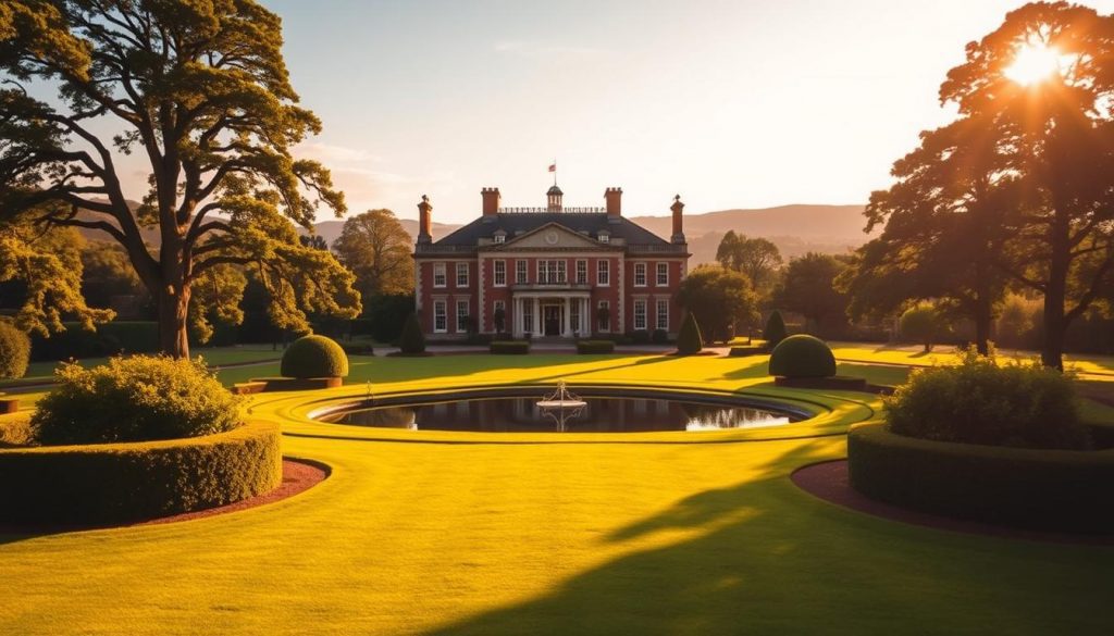 A stately manor house surrounded by lush, manicured gardens, bathed in warm, golden afternoon sunlight. The main residence stands proudly, its elegant architecture and ornate details capturing the essence of traditional English estate living. In the foreground, a well-tended lawn leads the eye towards the grand entrance, framed by symmetrical hedges and towering oak trees. The middle ground features a serene pond, its still waters reflecting the image of the house. In the background, rolling hills and a cloudless sky complete the picturesque scene, conveying a sense of tranquility and prosperity associated with the main residence nil rate band.
