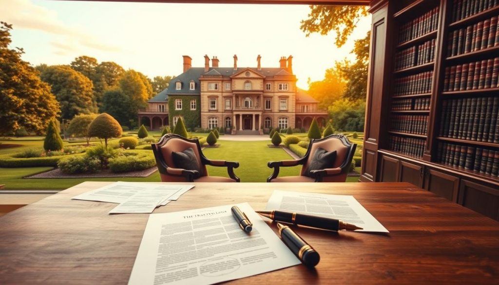 A stately manor nestled amidst lush, verdant gardens, its grand facade bathed in warm, golden sunlight. In the foreground, a solid oak table adorned with carefully curated legal documents, a fountain pen, and a family heirloom. Behind it, a pair of elegant armchairs invite contemplation. The middle ground reveals a shelving unit brimming with leather-bound volumes, symbolizing the wisdom and experience essential for effective estate planning. In the background, tall windows offer a panoramic view of the sprawling estate, conveying a sense of security and generational legacy. The overall atmosphere is one of tranquility, sophistication, and a profound commitment to preserving family wealth and values.