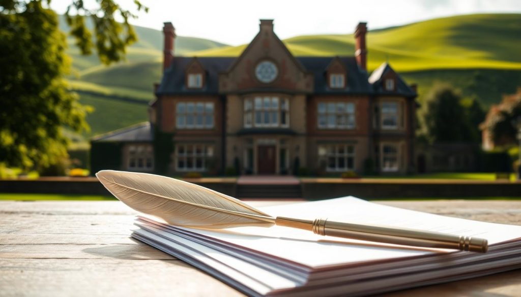A stately manor set against a backdrop of rolling green hills, sunlight filtering through the leaded windows. In the foreground, a stack of legal documents and a quill pen, symbolizing the intricacies of inheritance law in the UK. The scene conveys a sense of tradition, authority, and the gravity of the subject matter. The lighting is soft and natural, creating a contemplative atmosphere. The composition is balanced, with the manor and hills occupying the middle and background, while the legal documents take center stage in the foreground. The overall image suggests the importance and complexity of navigating the UK's inheritance landscape.