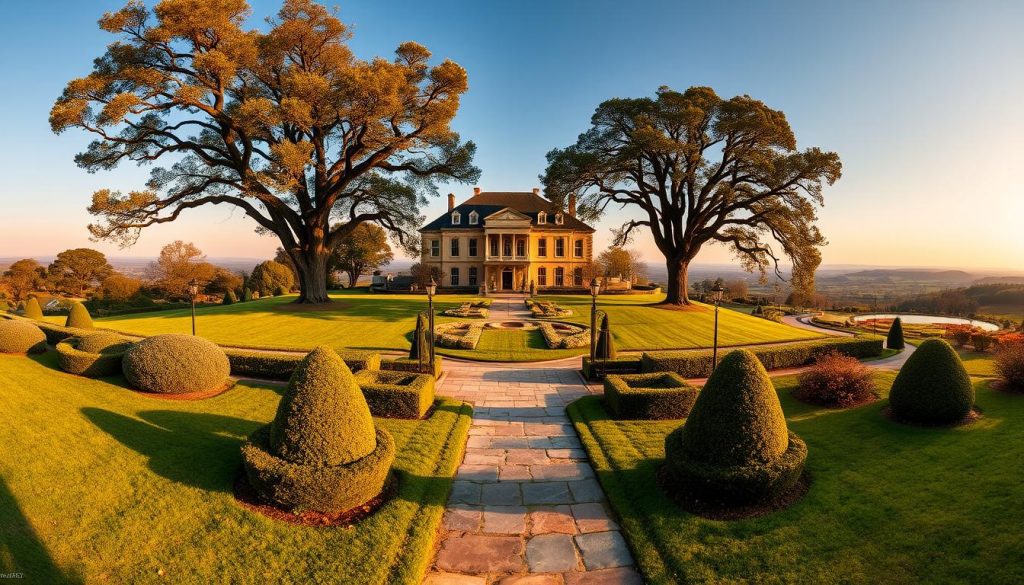 A stately manor sits atop a rolling hill, its grand facade bathed in warm, golden sunlight. In the foreground, a well-manicured lawn is dotted with meticulously pruned hedges and towering oak trees. A pristine stone path leads to the ornate front door, inviting visitors to explore the property's grandeur. The middle ground reveals a sweeping panoramic view of the estate, with expansive gardens, a tranquil pond, and a winding driveway lined with elegant lampposts. In the distance, the horizon is punctuated by rolling hills and a cloudless azure sky, conveying a sense of tranquility and prosperity. The entire scene is captured through a wide-angle lens, creating a sense of depth and emphasizing the property's scale and significance. A stately manor sits atop a rolling hill, its grand facade bathed in warm, golden sunlight. In the foreground, a well-manicured lawn is dotted with meticulously pruned hedges and towering oak trees. A pristine stone path leads to the ornate front door, inviting visitors to explore the property's grandeur. The middle ground reveals a sweeping panoramic view of the estate, with expansive gardens, a tranquil pond, and a winding driveway lined with elegant lampposts. In the distance, the horizon is punctuated by rolling hills and a cloudless azure sky, conveying a sense of tranquility and prosperity. The entire scene is captured through a wide-angle lens, creating a sense of depth and emphasizing the property's scale and significance.