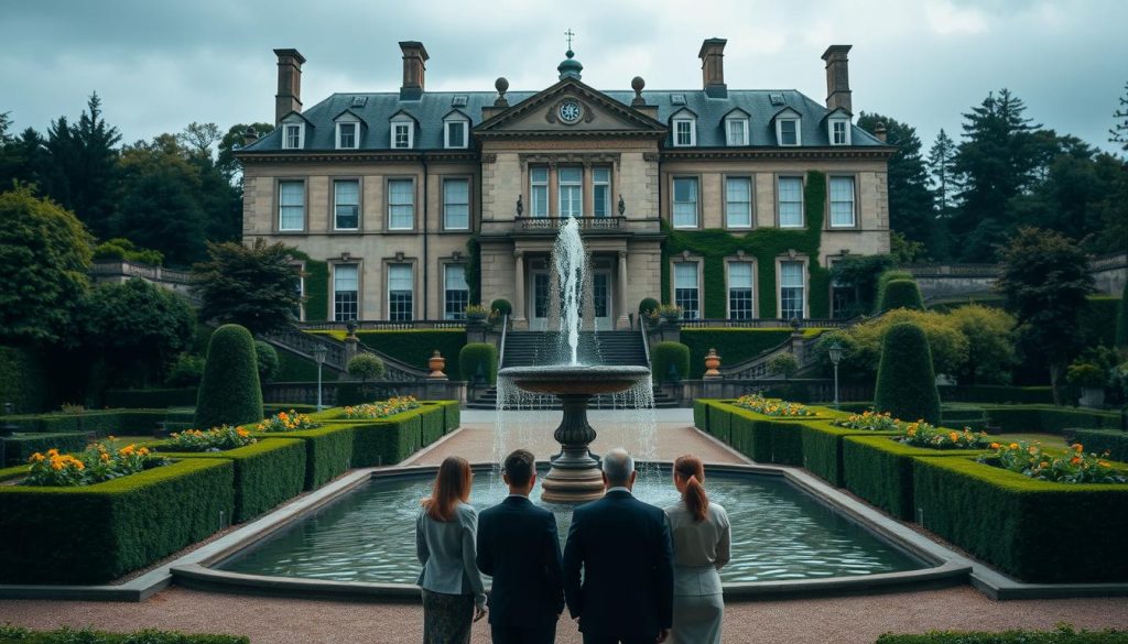 A stately manor standing tall, surrounded by verdant gardens. At the center, an ornate fountain gently cascades, symbolizing the flow of wealth. In the foreground, a group of figures stand in contemplation, their expressions serene as they consider the potential for charitable donations to offset inheritance tax burdens. Soft, diffused lighting bathes the scene, creating a sense of tranquility and thoughtfulness. The overall composition evokes a sense of balance, where the weight of inheritance is offset by the lightness of giving back to the community.