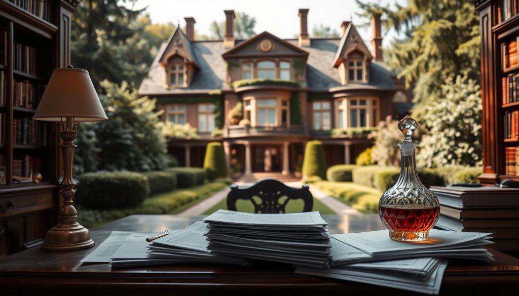 A stately mansion set against a backdrop of lush, verdant gardens, sunlight filtering through tall windows. In the foreground, a mahogany desk with an ornate brass lamp, piles of financial documents, and a crystal decanter filled with amber liquid. Bookshelf-lined walls hint at a lifetime of wealth and privilege. The atmosphere is one of quiet contemplation, as if considering the intricacies of trust fund management and inheritance tax mitigation. The composition strikes a balance between classic elegance and a sense of weighty responsibility.