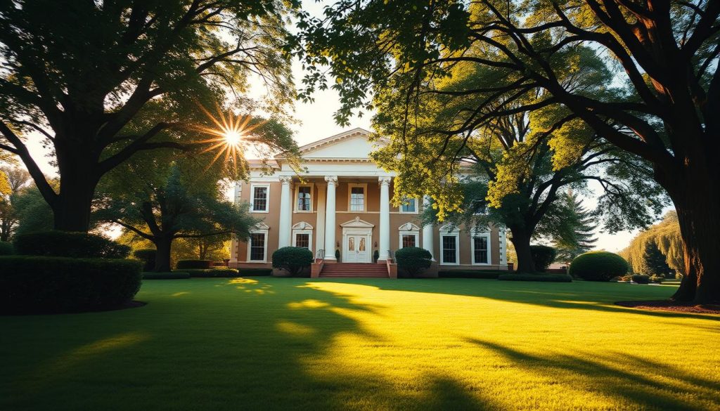 A stately, neo-classical style investment property sits atop a lush, manicured lawn. Warm, golden sunlight bathes the facade, casting long shadows across the well-tended garden. Lush, mature trees frame the scene, their branches swaying gently in a light breeze. The property exudes an air of solidity, security, and timeless elegance, conveying the trust and confidence one would expect from a prudently managed investment. The scene is captured through a wide-angle lens, providing a comprehensive view of the property and its surrounding grounds, with a shallow depth of field that focuses the viewer's attention on the impressive building.