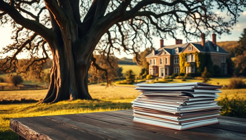 A stately oak tree stands tall, its branches reaching skyward, casting a warm glow on a rolling countryside. In the foreground, a stack of ledgers and documents rests on a weathered wooden table, hinting at the upcoming changes to inheritance tax legislation. The scene is bathed in soft, golden light, conveying a sense of contemplation and the weight of financial decisions. In the distance, a manor house with elegant Victorian architecture sits amidst lush, verdant gardens, symbolizing the generational wealth and legacy at the heart of the inheritance tax reforms. The composition is balanced, with a sense of timelessness and the confluence of tradition and progress. A stately oak tree stands tall, its branches reaching skyward, casting a warm glow on a rolling countryside. In the foreground, a stack of ledgers and documents rests on a weathered wooden table, hinting at the upcoming changes to inheritance tax legislation. The scene is bathed in soft, golden light, conveying a sense of contemplation and the weight of financial decisions. In the distance, a manor house with elegant Victorian architecture sits amidst lush, verdant gardens, symbolizing the generational wealth and legacy at the heart of the inheritance tax reforms. The composition is balanced, with a sense of timelessness and the confluence of tradition and progress.