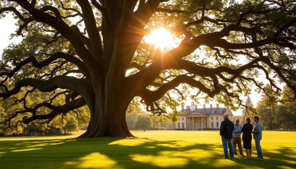 A stately oak tree stands tall, its gnarled branches casting intricate shadows on the lush grass below. In the foreground, a group of people converse, their expressions contemplative as they discuss the complexities of inheritance tax laws. The sun filters through the leaves, creating a warm, golden glow that illuminates the scene, conveying a sense of thoughtfulness and deliberation. In the background, a grand manor house sits, its timeless architecture a symbol of the generational wealth that the nil rate band aims to preserve. The overall atmosphere is one of quiet contemplation, where the weight of financial decisions mingles with the timeless beauty of the natural world. A stately oak tree stands tall, its gnarled branches casting intricate shadows on the lush grass below. In the foreground, a group of people converse, their expressions contemplative as they discuss the complexities of inheritance tax laws. The sun filters through the leaves, creating a warm, golden glow that illuminates the scene, conveying a sense of thoughtfulness and deliberation. In the background, a grand manor house sits, its timeless architecture a symbol of the generational wealth that the nil rate band aims to preserve. The overall atmosphere is one of quiet contemplation, where the weight of financial decisions mingles with the timeless beauty of the natural world.