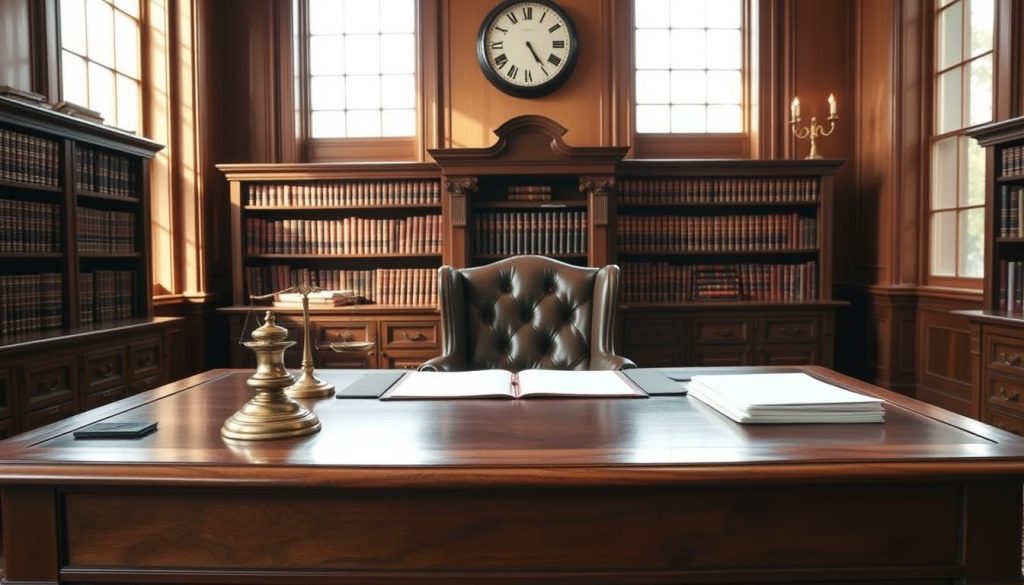 A stately office interior, illuminated by warm, natural light filtering through tall windows. In the foreground, a large oak desk stands, its surface adorned with a brass desk set and a stack of legal documents. Behind it, a leather chair sits, inviting the viewer to take a seat and delve into the intricate workings of trust administration. The middle ground features shelves filled with leather-bound books, casting an air of authority and expertise. In the background, a wall-mounted clock ticks, underscoring the importance of time and attention to detail in the process of securing one's assets through a trust. The overall atmosphere conveys a sense of professionalism, stability, and trust, reflecting the subject matter of the article. A stately office interior, illuminated by warm, natural light filtering through tall windows. In the foreground, a large oak desk stands, its surface adorned with a brass desk set and a stack of legal documents. Behind it, a leather chair sits, inviting the viewer to take a seat and delve into the intricate workings of trust administration. The middle ground features shelves filled with leather-bound books, casting an air of authority and expertise. In the background, a wall-mounted clock ticks, underscoring the importance of time and attention to detail in the process of securing one's assets through a trust. The overall atmosphere conveys a sense of professionalism, stability, and trust, reflecting the subject matter of the article.
