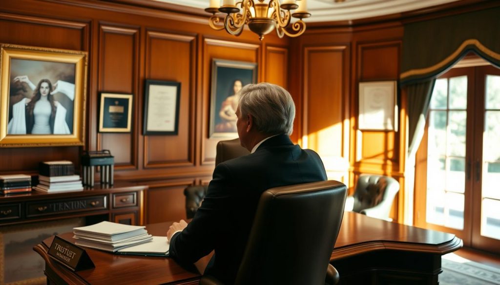 A stately office with warm, wood-paneled walls and a large, ornate desk. On the desk, a stack of documents and a brass nameplate reads "Trust Fund Manager". In the foreground, a trustee in a crisp suit sits in a high-backed leather chair, their hands folded thoughtfully. The lighting is soft and ambient, casting a serious yet professional atmosphere. Framed certificates and diplomas line the walls, conveying the trustee's expertise. Through a window, a picturesque garden landscape can be seen, hinting at the wealth and privilege managed within these walls.