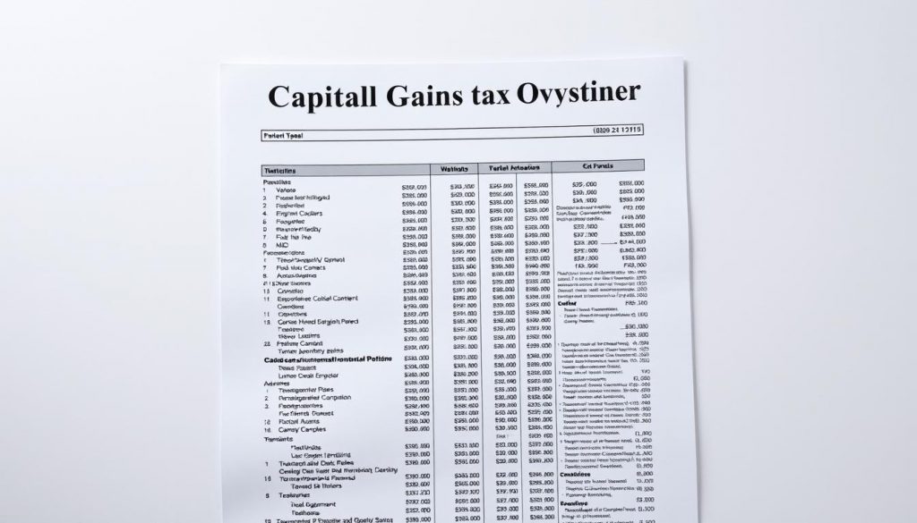 A striking overhead view of a formal financial document against a clean, minimal background. Crisp, high-contrast lighting illuminates the key details - dense columns of numbers, official seals, and authoritative headers like "Capital Gains Tax Overview". The composition is balanced and symmetrical, emphasizing the gravity and significance of the subject matter. A sense of order and precision permeates the scene, evoking the meticulous attention to tax regulations. The atmosphere is professional, authoritative, and slightly somber, reflecting the serious nature of the "Key Tax Regulations to Consider".