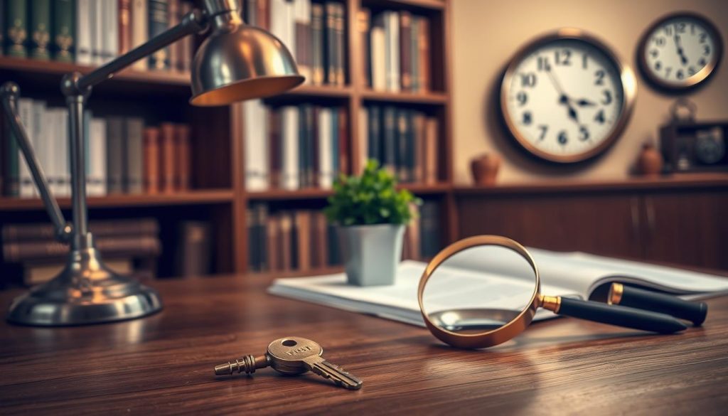 A study desk with a wooden surface, a metal desk lamp, and a small potted plant. In the foreground, a brass key and a magnifying glass, symbolizing the importance of attention to detail in trust fund management. In the background, a bookshelf filled with finance-related books and a wall clock, conveying the idea of time-tested strategies and knowledge. The lighting is soft and warm, creating a professional yet cozy atmosphere, reflecting the secure and trustworthy nature of a well-managed trust fund. A study desk with a wooden surface, a metal desk lamp, and a small potted plant. In the foreground, a brass key and a magnifying glass, symbolizing the importance of attention to detail in trust fund management. In the background, a bookshelf filled with finance-related books and a wall clock, conveying the idea of time-tested strategies and knowledge. The lighting is soft and warm, creating a professional yet cozy atmosphere, reflecting the secure and trustworthy nature of a well-managed trust fund.