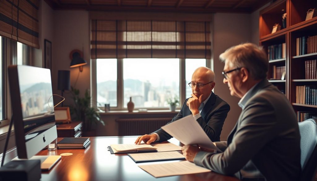 A study room with a well-furnished desk, computer, and bookshelves. In the foreground, a middle-aged financial advisor sits at the desk, reviewing documents with a client. Warm, directional lighting illuminates their thoughtful expressions as they discuss inheritance tax planning strategies. In the background, a window offers a scenic view of a city skyline, suggesting the importance of expert guidance in navigating complex financial situations. The atmosphere conveys a sense of professionalism, trust, and the gravity of the topic at hand. A study room with a well-furnished desk, computer, and bookshelves. In the foreground, a middle-aged financial advisor sits at the desk, reviewing documents with a client. Warm, directional lighting illuminates their thoughtful expressions as they discuss inheritance tax planning strategies. In the background, a window offers a scenic view of a city skyline, suggesting the importance of expert guidance in navigating complex financial situations. The atmosphere conveys a sense of professionalism, trust, and the gravity of the topic at hand.