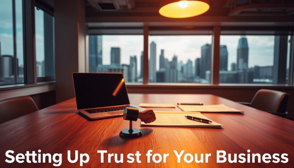 A sturdy wooden desk with a laptop, pen, and documents neatly arranged, illuminated by warm overhead lighting, casting soft shadows. In the background, a large window overlooks a bustling city skyline, hinting at the thriving business venture. On the desk, a handshake figurine symbolizes the trust and collaboration essential for successful enterprise. The scene exudes a professional, yet contemplative atmosphere, capturing the essence of "Setting Up a Trust for Your Business." A sturdy wooden desk with a laptop, pen, and documents neatly arranged, illuminated by warm overhead lighting, casting soft shadows. In the background, a large window overlooks a bustling city skyline, hinting at the thriving business venture. On the desk, a handshake figurine symbolizes the trust and collaboration essential for successful enterprise. The scene exudes a professional, yet contemplative atmosphere, capturing the essence of "Setting Up a Trust for Your Business."