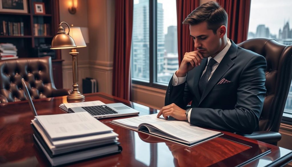 A stylish office interior with a mahogany desk, a leather armchair, and a large window overlooking a cityscape. On the desk, there are stacks of financial documents, a laptop, and a brass desk lamp casting a warm glow. In the foreground, a person in a tailored suit is seated, thoughtfully reviewing investment strategies for a trust fund. The mood is one of professionalism, diligence, and financial acumen, reflecting the careful management of a trust fund.