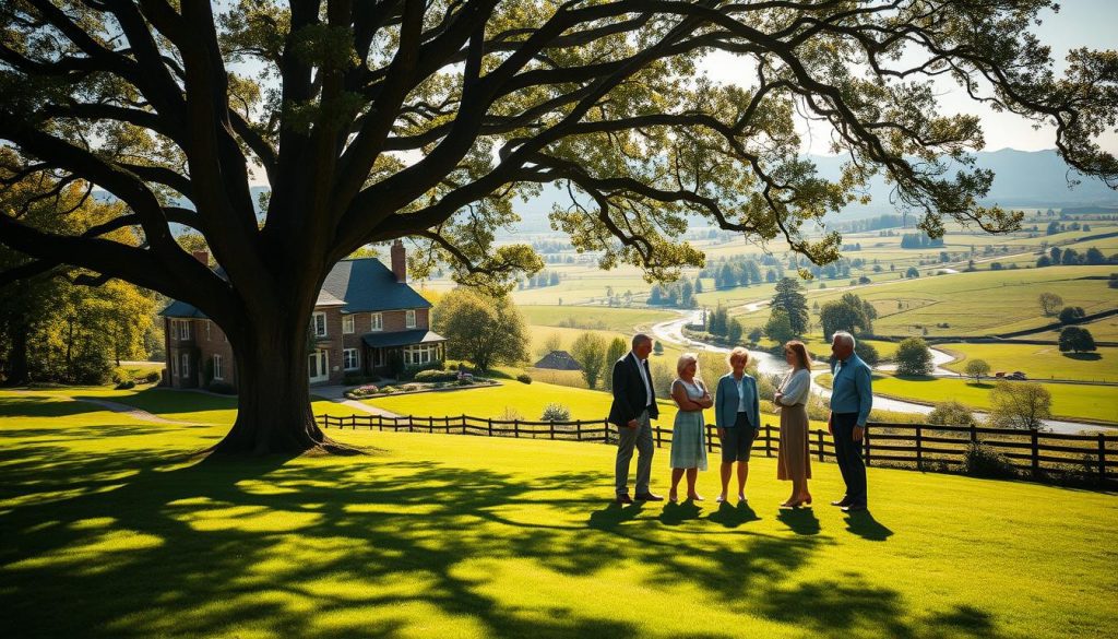 A sun-dappled countryside estate, the stately manor house nestled among verdant hills. In the foreground, a mature oak tree casts intricate shadows on the well-tended lawn. In the middle ground, a family gathers, discussing inheritance plans with a professional advisor, their faces conveying both seriousness and relief. The background features rolling pastures, a winding river, and distant blue mountains, evoking a sense of generational continuity and the transference of wealth. Warm, soft lighting and a shallow depth of field create an atmosphere of thoughtful contemplation. A sun-dappled countryside estate, the stately manor house nestled among verdant hills. In the foreground, a mature oak tree casts intricate shadows on the well-tended lawn. In the middle ground, a family gathers, discussing inheritance plans with a professional advisor, their faces conveying both seriousness and relief. The background features rolling pastures, a winding river, and distant blue mountains, evoking a sense of generational continuity and the transference of wealth. Warm, soft lighting and a shallow depth of field create an atmosphere of thoughtful contemplation.