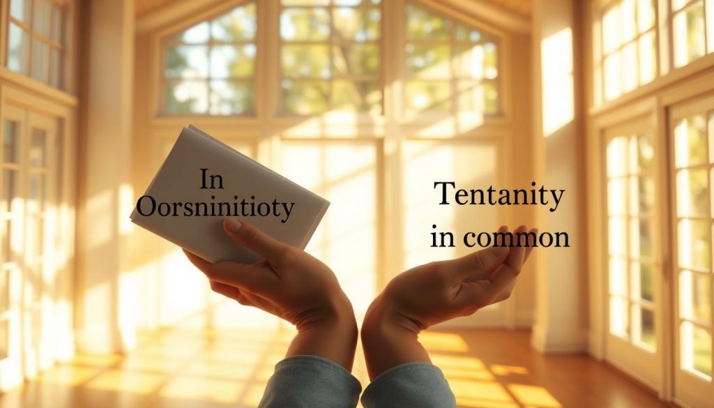 A sun-dappled interior, where two distinct arrangements of ownership unfold. In the foreground, a pair of hands clasping documents, symbolizing joint tenancy - the co-ownership of property where each party holds an undivided interest. In the middle ground, a pair of documents laid side-by-side, representing tenancy in common - where each party owns a distinct, separate share. The background features a warm, inviting space, filled with natural light filtering through large windows, conveying the gravity and importance of these legal concepts. Rendered with a keen eye for detail and a sense of elegant simplicity, this image illuminates the nuances of shared property ownership.