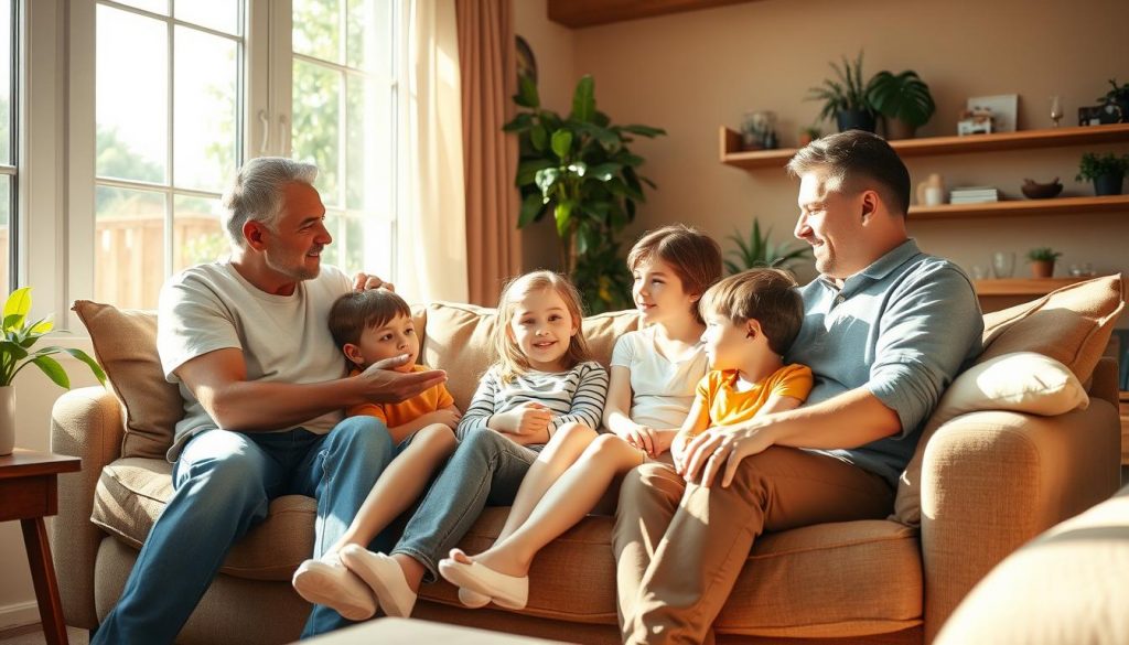 A sun-dappled living room with two adults and two children sitting together on a plush sofa, engaged in a friendly discussion. The room is decorated in warm, earthy tones, with wooden furniture and plants adding to the cozy atmosphere. The adults appear to be in their 40s or 50s, dressed casually but with a sense of purpose, their body language indicating they are explaining or discussing something. The children, around 8-10 years old, listen intently, their faces lit by the natural light streaming in through large windows. The overall scene conveys a sense of familial connection and shared understanding, reflecting the "tenants in common" arrangement. A sun-dappled living room with two adults and two children sitting together on a plush sofa, engaged in a friendly discussion. The room is decorated in warm, earthy tones, with wooden furniture and plants adding to the cozy atmosphere. The adults appear to be in their 40s or 50s, dressed casually but with a sense of purpose, their body language indicating they are explaining or discussing something. The children, around 8-10 years old, listen intently, their faces lit by the natural light streaming in through large windows. The overall scene conveys a sense of familial connection and shared understanding, reflecting the "tenants in common" arrangement.