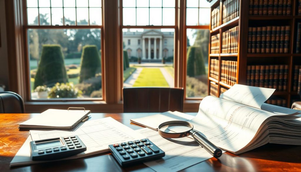 A sun-dappled office desk, meticulously organized with a ledger, calculator, and a magnifying glass hovering over intricate inheritance tax documents. In the background, a towering mahogany bookshelf filled with legal tomes casts a warm glow, while a large window offers a view of a stately manor in the distance, its manicured gardens reflecting the tranquility of the scene. The overall atmosphere conveys a sense of thoughtful contemplation, as if the viewer is about to delve into the nuances of the "nil rate band" concept that governs inheritance tax exemptions. A sun-dappled office desk, meticulously organized with a ledger, calculator, and a magnifying glass hovering over intricate inheritance tax documents. In the background, a towering mahogany bookshelf filled with legal tomes casts a warm glow, while a large window offers a view of a stately manor in the distance, its manicured gardens reflecting the tranquility of the scene. The overall atmosphere conveys a sense of thoughtful contemplation, as if the viewer is about to delve into the nuances of the "nil rate band" concept that governs inheritance tax exemptions.